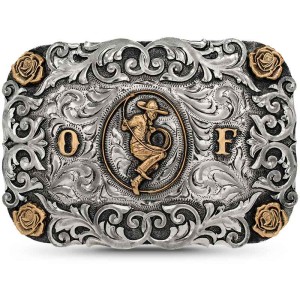 A custom belt buckle for men featuring a mexican charro cowboy figure, golden bronze roses, built on a hand engraved german silver base 